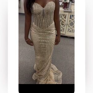 Strapless Gold Beaded Mermaid Evening Dress